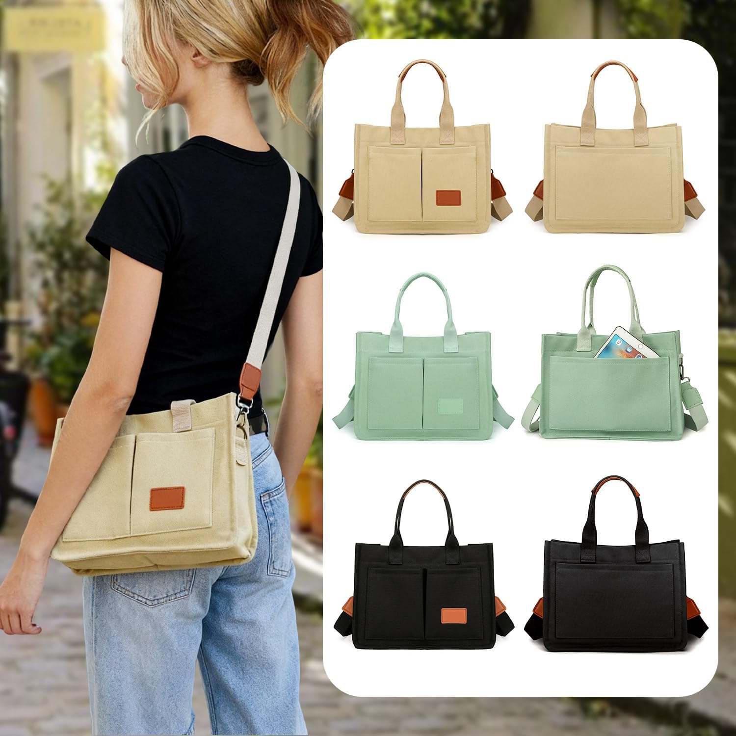 Canvas tote purse With Pockets Tote bag for women Top Handle Shoulder bag handbags laptop purse for work travel - Image 2