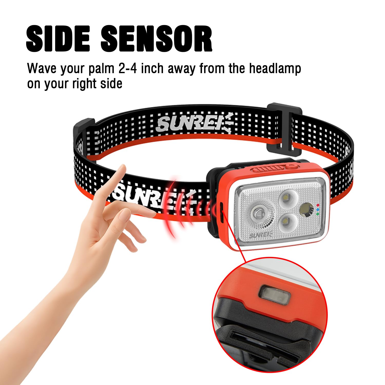 SUNREI 700 Lumen wiederaufladbare Stirnlampe mit RGB-Licht, Bewegungssensor, stufenloses Dimmen, IPX6 wasserdicht, 2200 mAh Akku, 5700 K, Spot/Flut/Kombi-Strahl, roter Blitz, Typ-C leichter