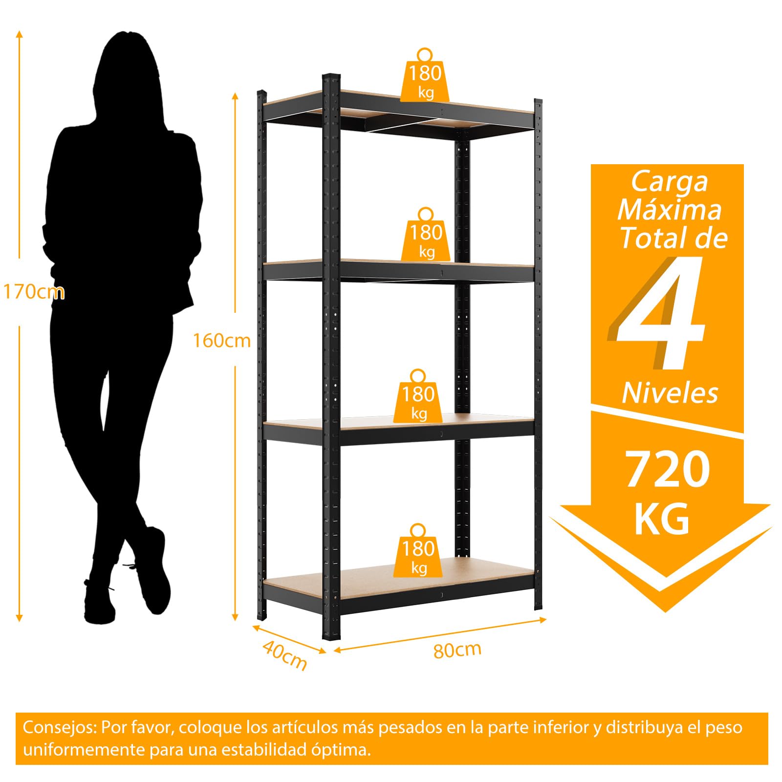 COSTWAY Estante de Almacenamiento para Garaje de Metal y MDF de 4 Niveles Estantería Pesado 80 x 40 x 160 cm Estante Servicio de Taller (Negro)