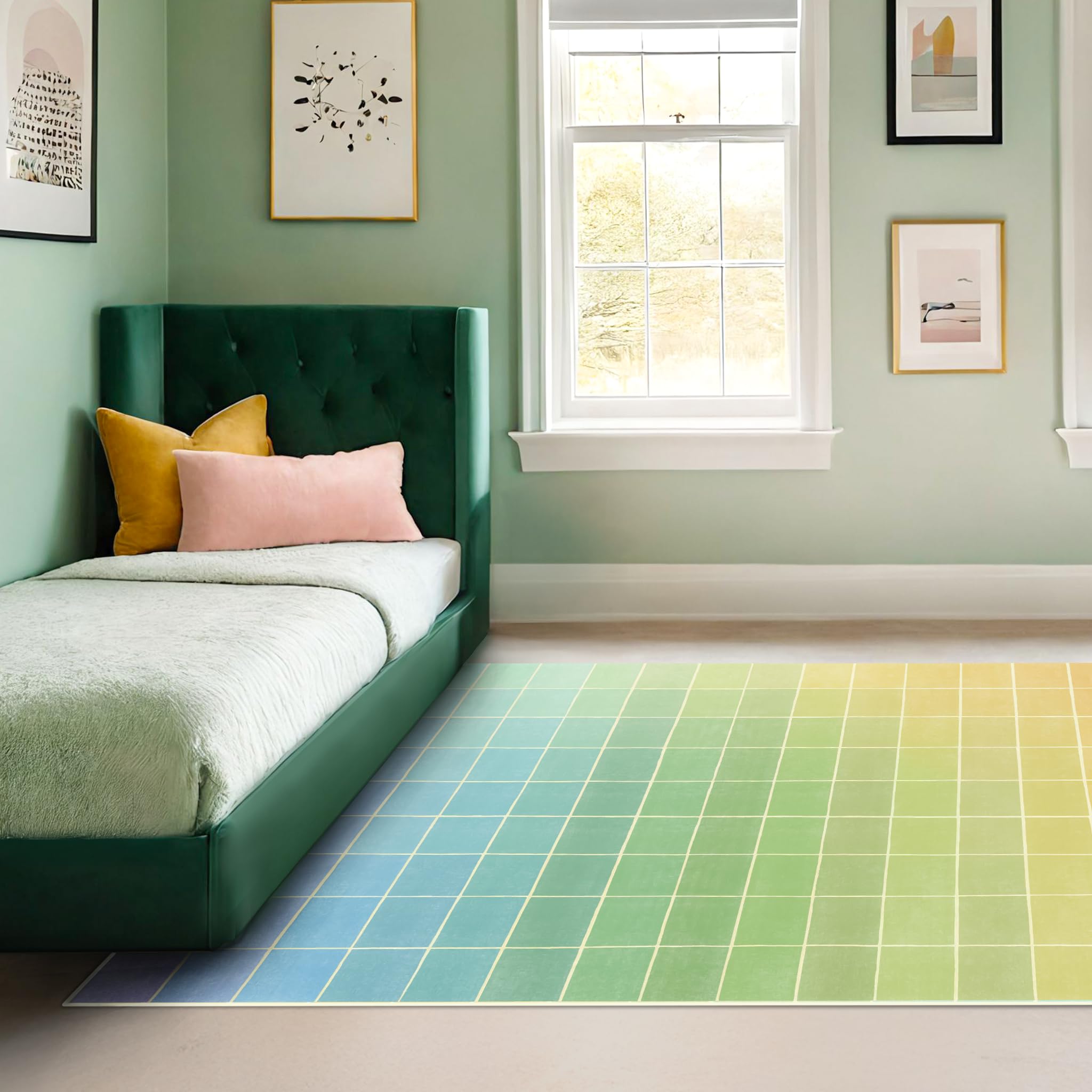 Modern Rainbow Rug for Living Room 6x9, Green Checkered Ombre Mid Century Retro Funky Light and Colorful Contemporary, Washable Stain Resistant Area Rugs Non Slip for Bedroom Dining Under Table