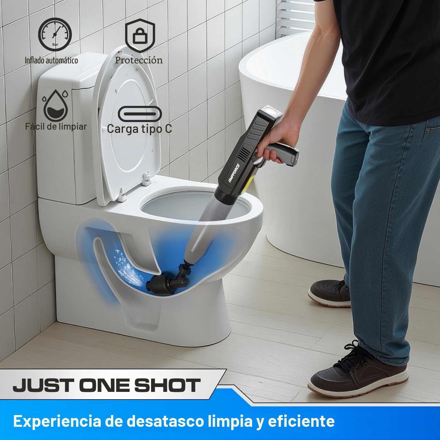 Desatascador Eléctrico de Tuberías y WC, Pistola de Aire Comprimido a Alta Presión 1-8 Bar, Cabezal Antisalpicaduras 120°, para Inodoro, Fregadero y Ducha, Recargable USB-C