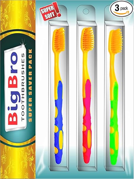 BigBro Toothbrush Extra Soft Bristle With Cover for Adults Men and Women Golden colour (Super Saver Pack of 3)