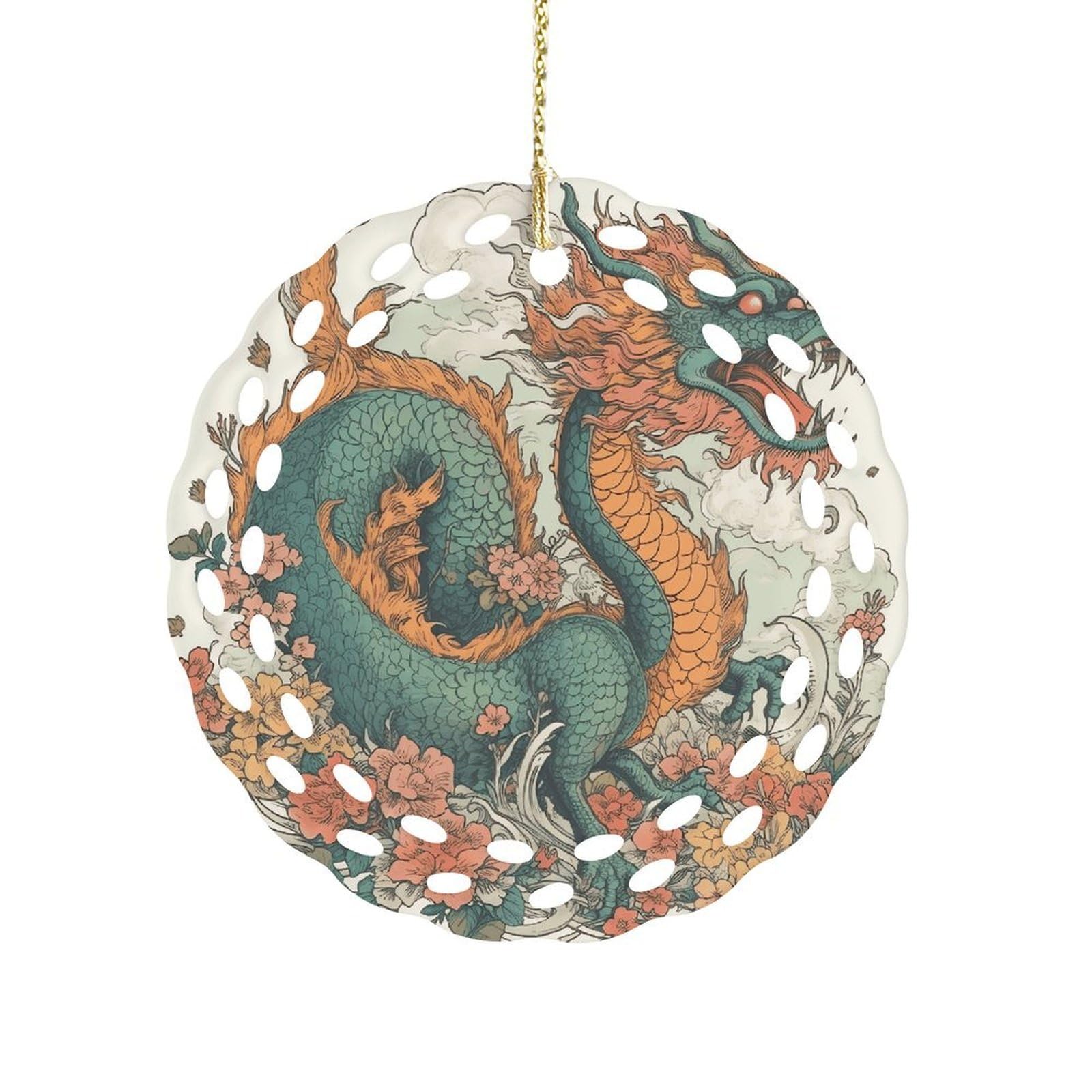 Fodpand Women's Style Flowers And Dragons Ceramic Ornament For Home Decor 3.2" Round Tree Decoration Christmas Ornaments For Men Double-Sided Design