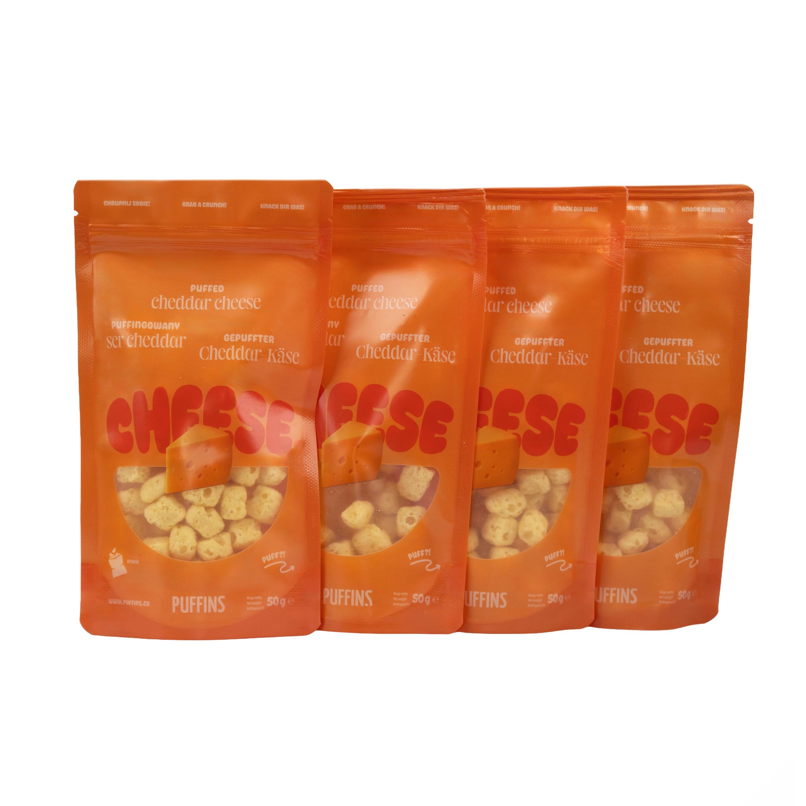 PUFFINS - Crispy Cheese Keto Snack - Cheddar Cheese - 100% sera - bez cukru, GMO, węglowodanów - przekąska białkowa - zdrowe przekąski dla dzieci i dorosłych, bezglutenowe, wysokobiałkowe - 4x50g