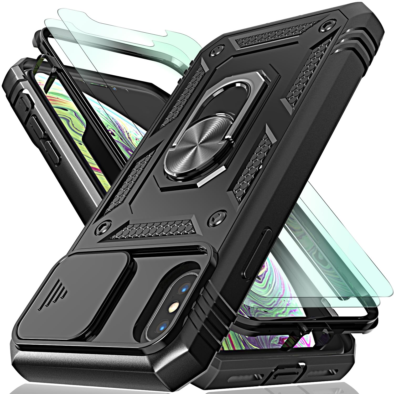 YmhxcY for iPhone X Case/iPhone Xs Case with Camera Cover Slider, 2*Tempered Glass Screen Protectors,Build in 360° Rotating Ring Kickstand, Military