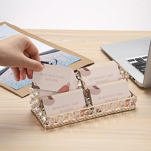 Vista 47 de Hipiwe Soporte para tarjetas de visita de cristal de 2 niveles, soporte de exhibición de tarjetas de visita con espejo dorado, organizador