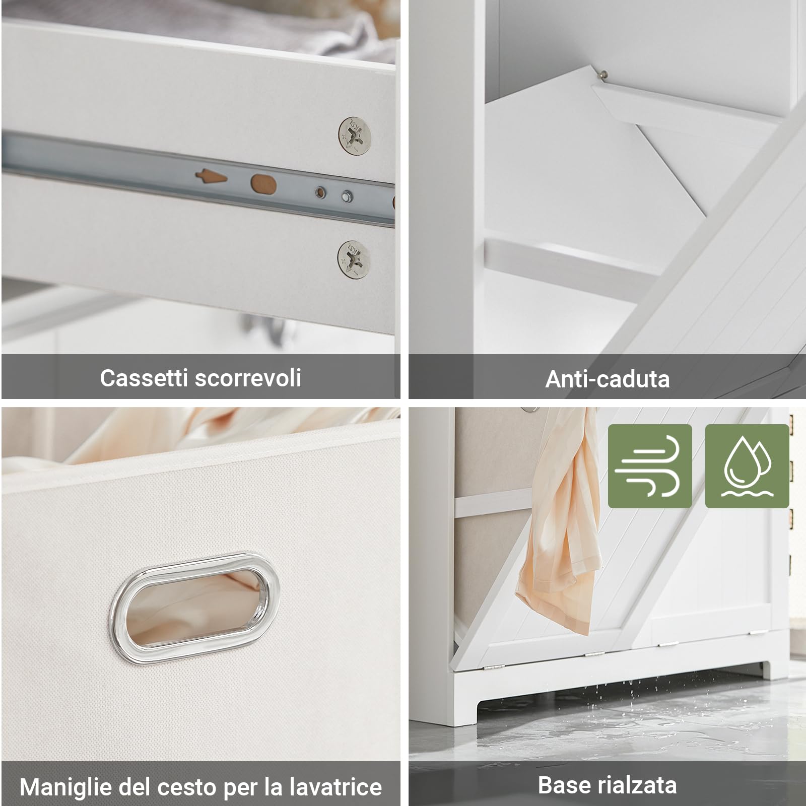 SoBuy Mobile Lavanderia in Legno Mobile Bagno con Portabiancheria a 2 Cassetti e 2 Ceste Bucato Rimovibili 90L Cassettiera Robusta Armadietto Salvaspazio per Famiglia Bianco 78x38x90 cm BZR33-II-W