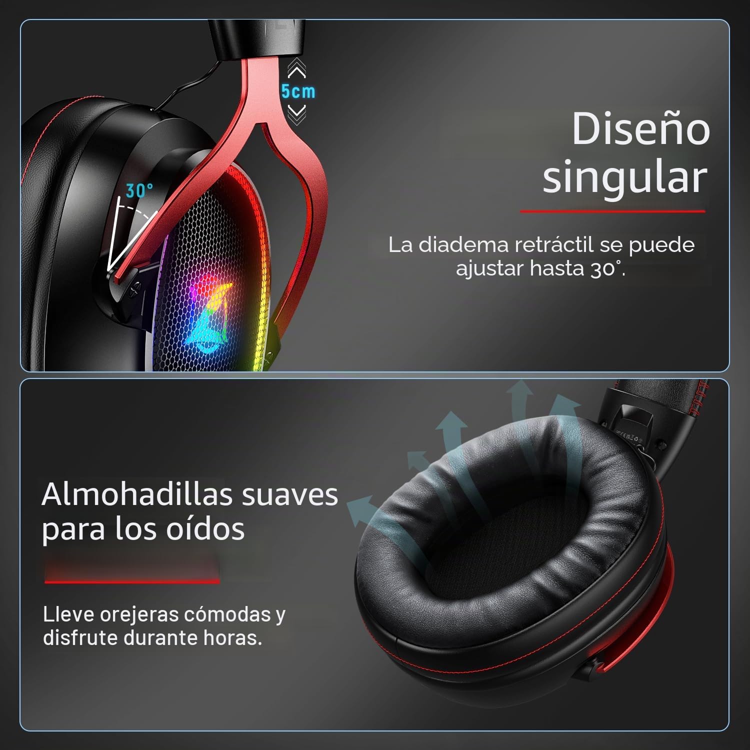 Ozeino Auriculares inalámbricos para Videojuegos de 2,4 GHz, Sonido Envolvente 7.1, micrófono Desmontable ENC con cancelación de Ruido, para PS4/PC/PS5 Auriculares con micrófono, Negro y Rojo