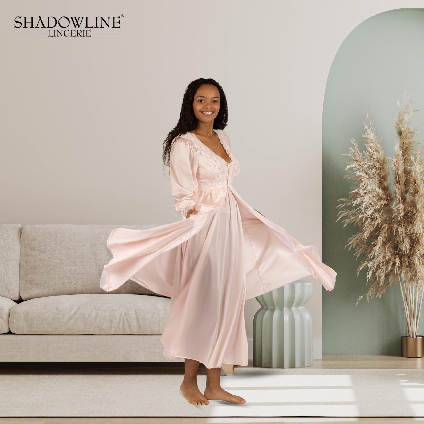 SHADOWLINE Langer, fließender Damen-Bademantel mit Knopfleiste, Seide Blumenmuster, Stretch, Spitze, Mieder, Dessous, elegante Nachtwäsche