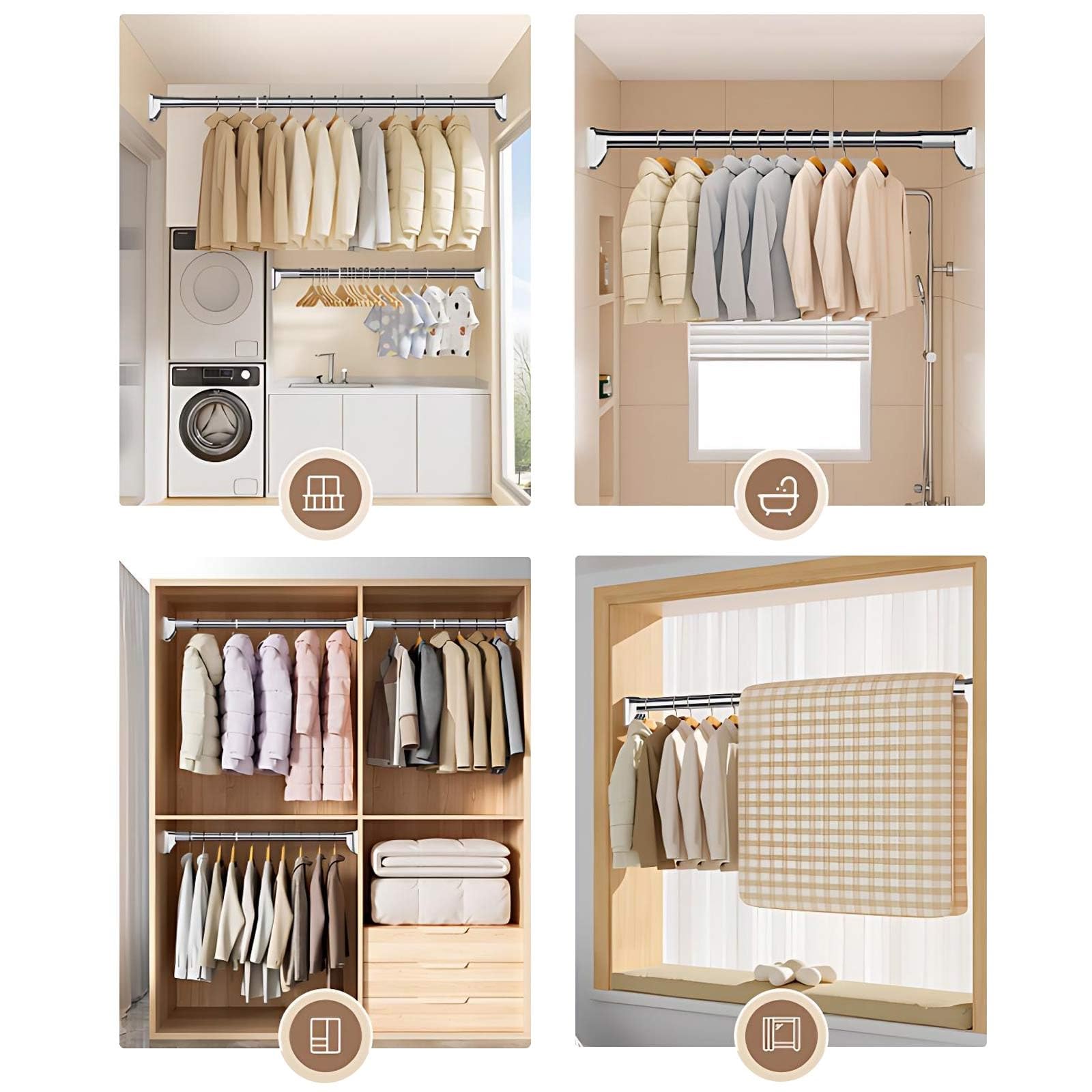 Tringle de Rideau de Douche Sans Perçage 70-300 cm Barre de Tension Réglable Tringle Extensible en Acier Inoxydable pour Salle de Bain Fenêtre Penderie(Gray,63"-98"(160-250cm))