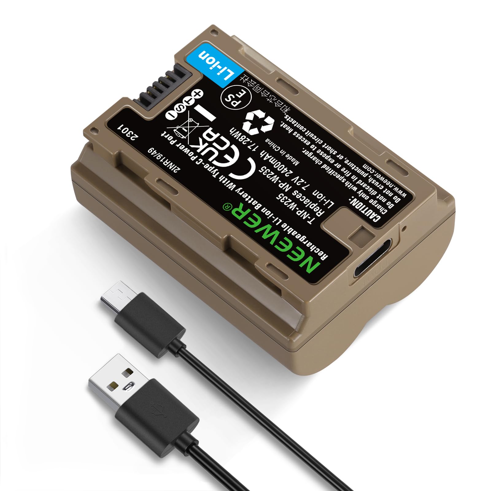 NEEWER Batteria Sostitutiva NP-W235 2400mAh Ricaricabile con Cavo di Ricarica USB Tipo C, Compatibile con FUJIFILM X-T5 X-T4 GFX 100S GFX 50S II X-H2S VG-XT4 Battery Grip