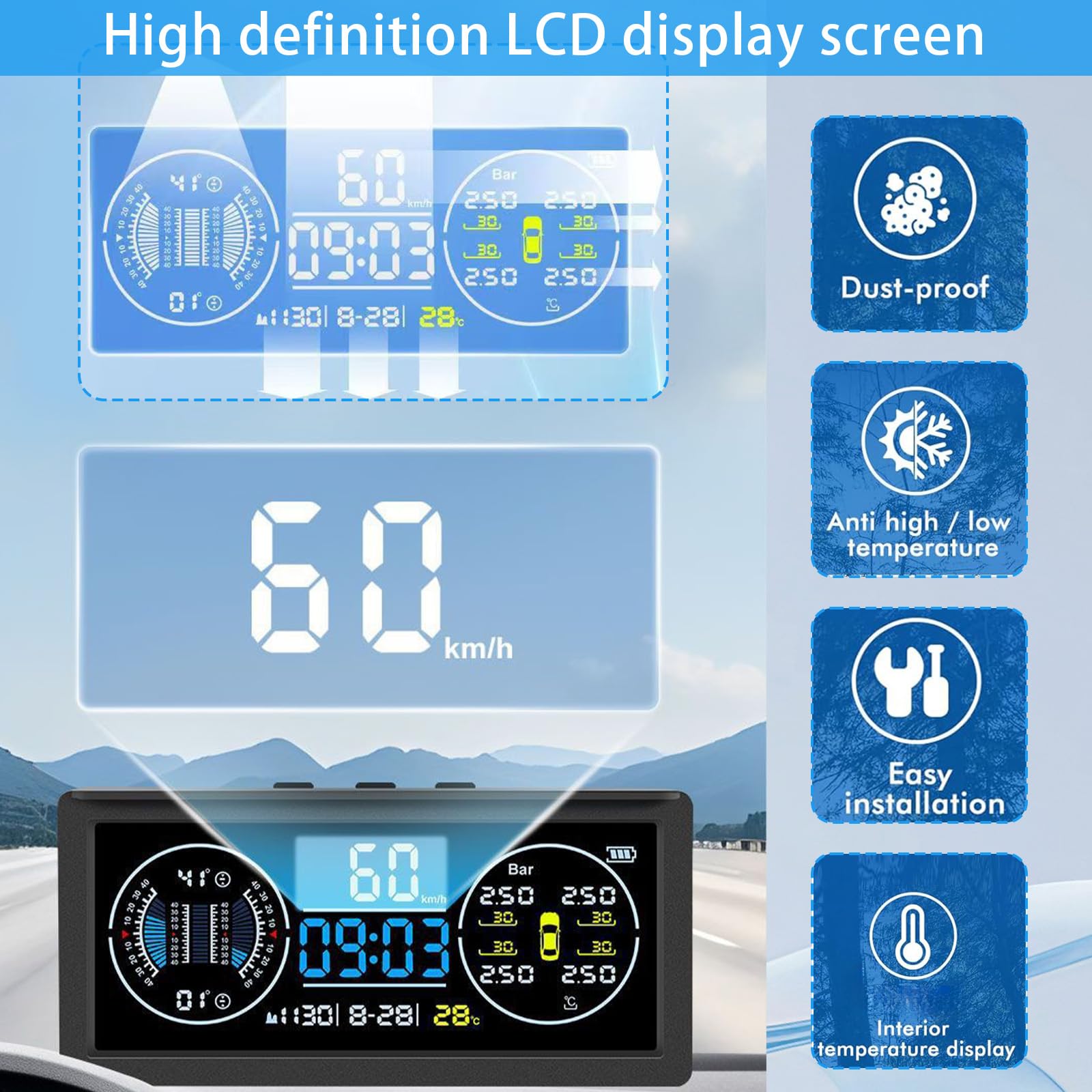 Multifunktional Reifendruckkontrollsystem, TPMS mit 4 Externen Sensoren | Solaraufladung Monitor Universal Geschwindigkeit mit Farbiger LCD Anzeige 9.9BAR/199Psi für Van RV LKW SUV