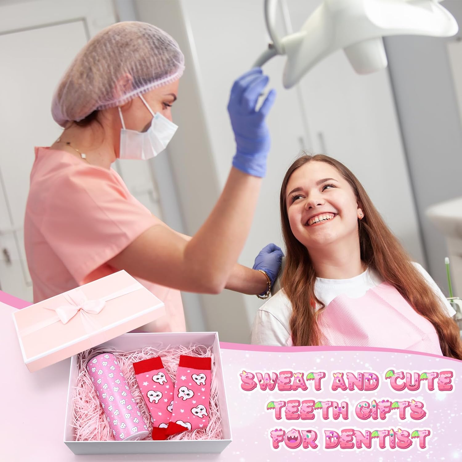Umigy 2 Pcs Dental Hygienist Gifts 20 oz Teeth Tumbler with Lid and Tooth Sock Dental Assistant Gifts Stuff for Appreciation Week Nurse Doctor Dentist Employees Birthday Accessories(Pink) - Image 2