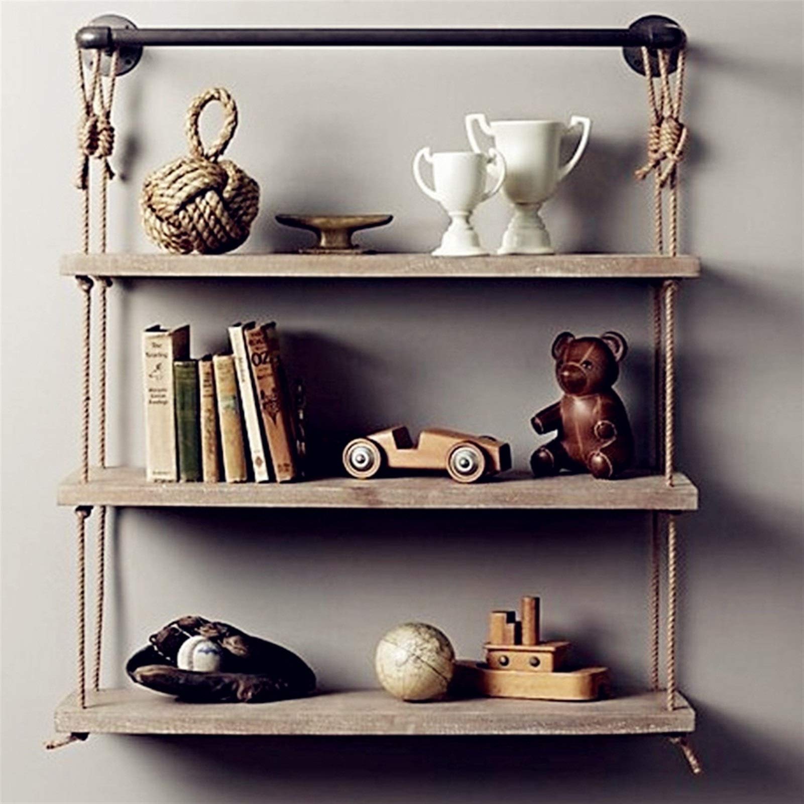 Ecke Wandregal mit Seil Hängeregal mit Seilaufhängung | Schweberegale mit String | Holz Hängendes Regal Wandschaukel Lagerregale Jute Seil Organisator Bauernregal |Vintage Shabby Chic Design, 3-Tiere