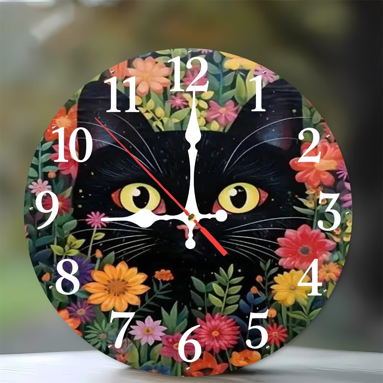 Horloge murale pour cuisine et salon au motif chat floral