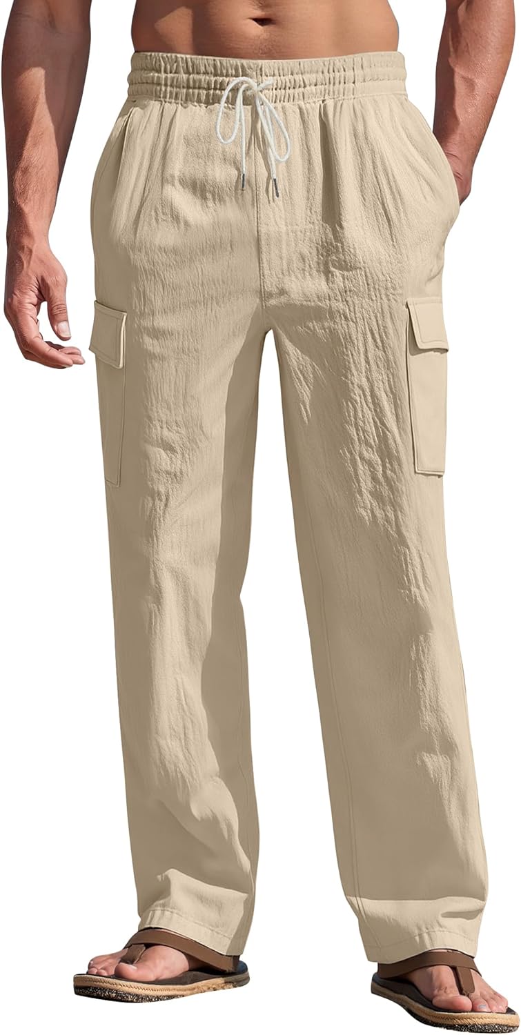 Mens Linen Pants Casual Summer Beach Pants Lightweight Drawstring Yoga Trousers Vacation Cargo Pants with Pockets