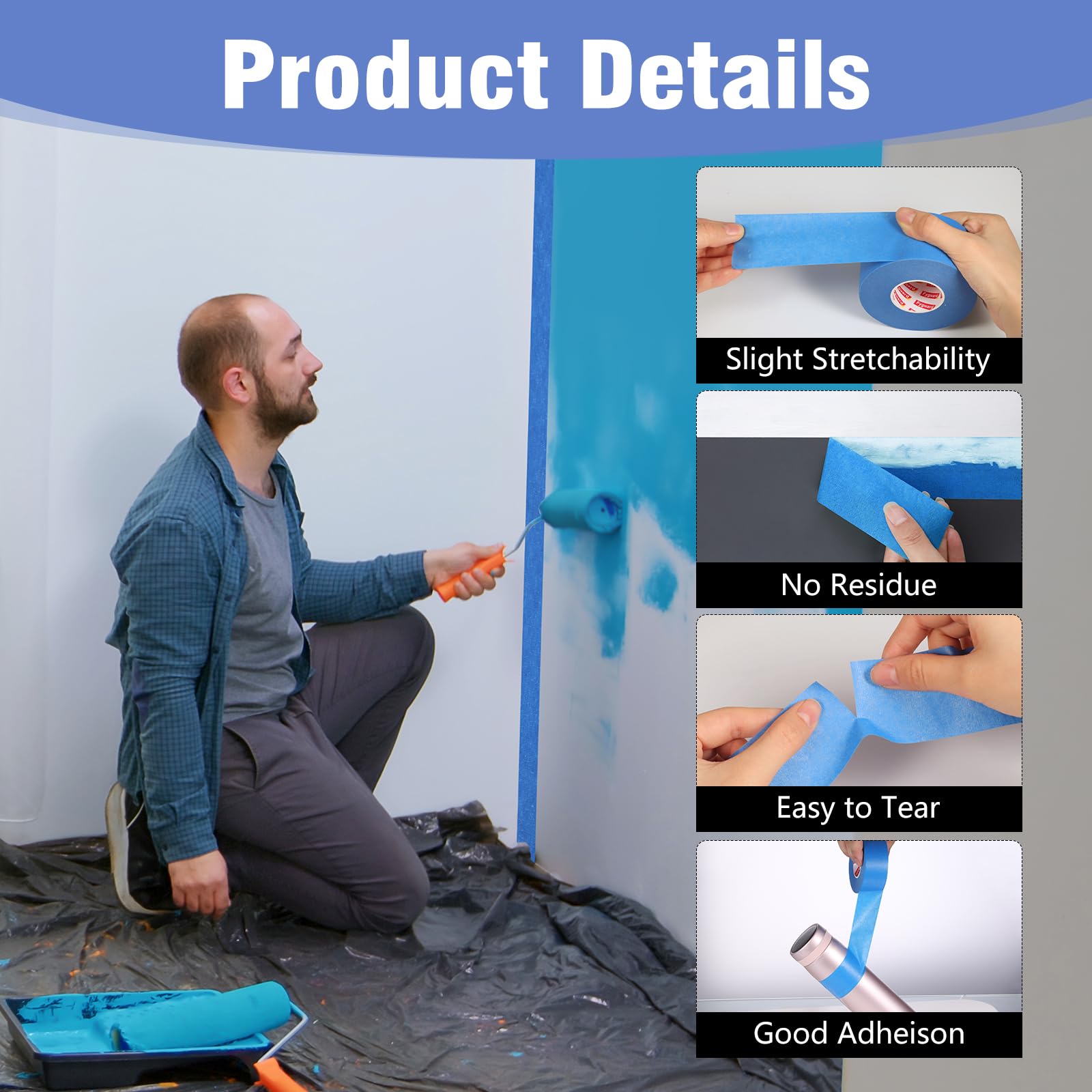 Fyguard 6 Rolls Painters Tape Blue, 48mm x 50m Masking Tape Easy Removal Crepe Paper for Painting and Decorating Indoor and Outdoor - Image 3