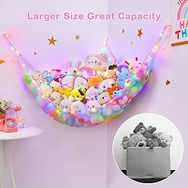 Unicorn Castle Stuffed Animals Net Hammock Kids Toy Storage with LED Light Plush Toy Organizer Corner Hanging Stuffed Animals Holder For Nursery Kids Girls Room Decor