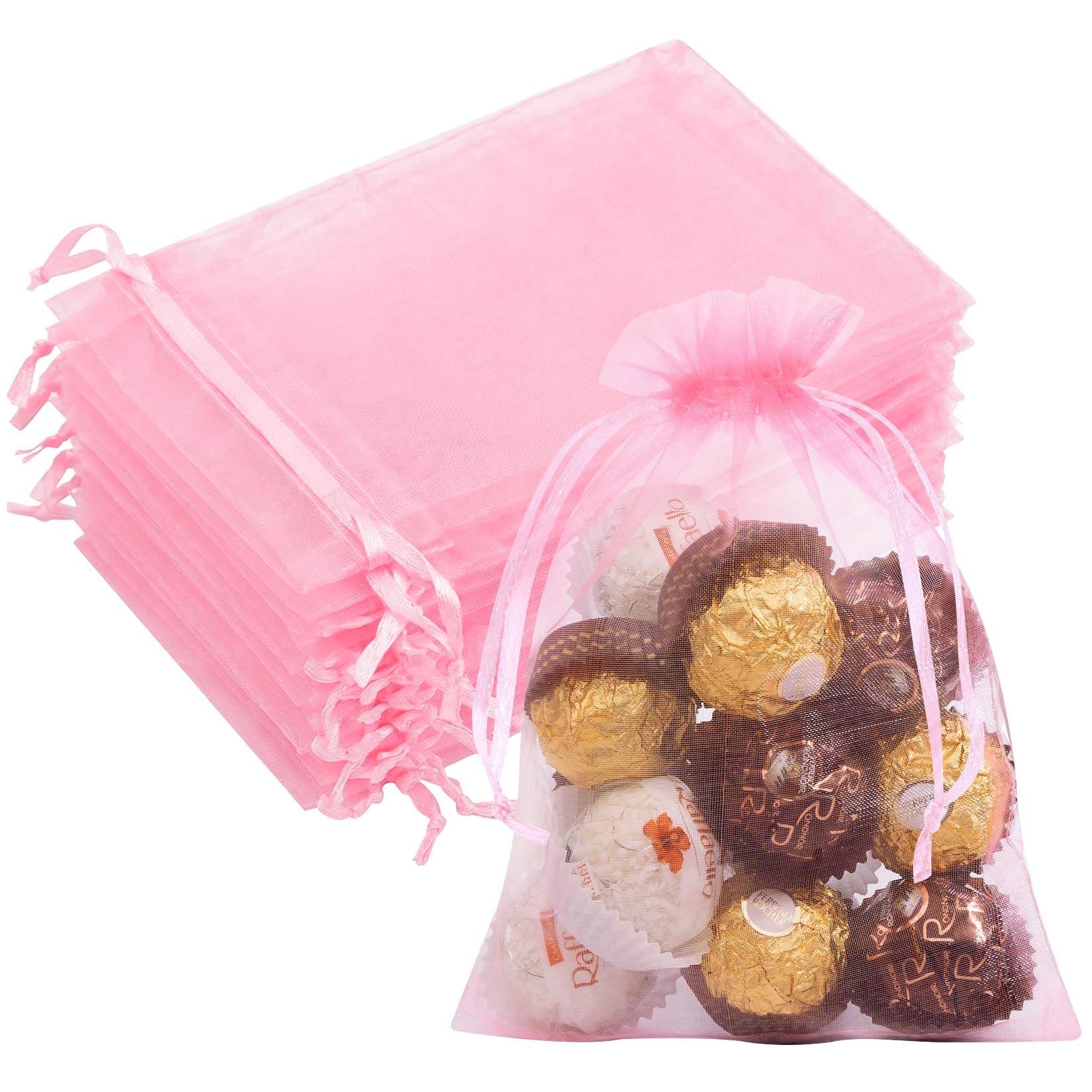 50PCS Pink Organza Bags 5x7, Small Gift Bags for Women, Cute Mesh Drawstring Pouches Mini Sheer Goodie Baggies for Birthday Wedding Bridal Baby Shower Halloween Christmas Party Favors Gifts