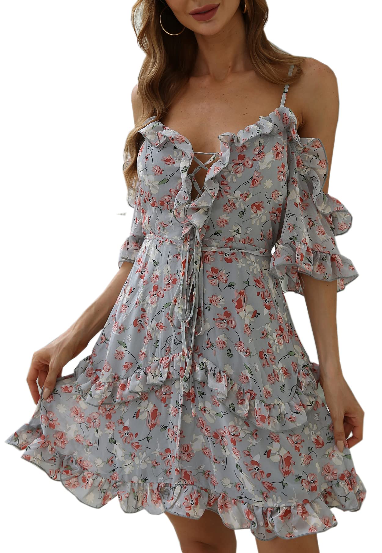Women's Summer Casual Deep V Neck Floral Print Ruffle Swing Party Mini Strap Dress