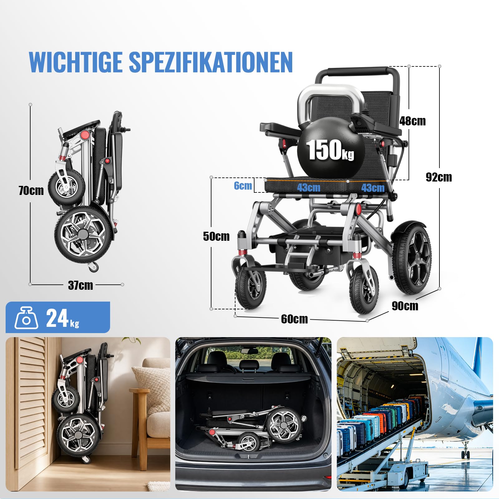 D10 Elektrorollstuhl Faltbar Leicht, Outdoor E-Rollstuhl Für Senioren & Behinderte, 20 km Reichweite, Flugzeugzulassung, 500 W Motor, 12Ah Akku, PU-Räder, Bis 150 kg