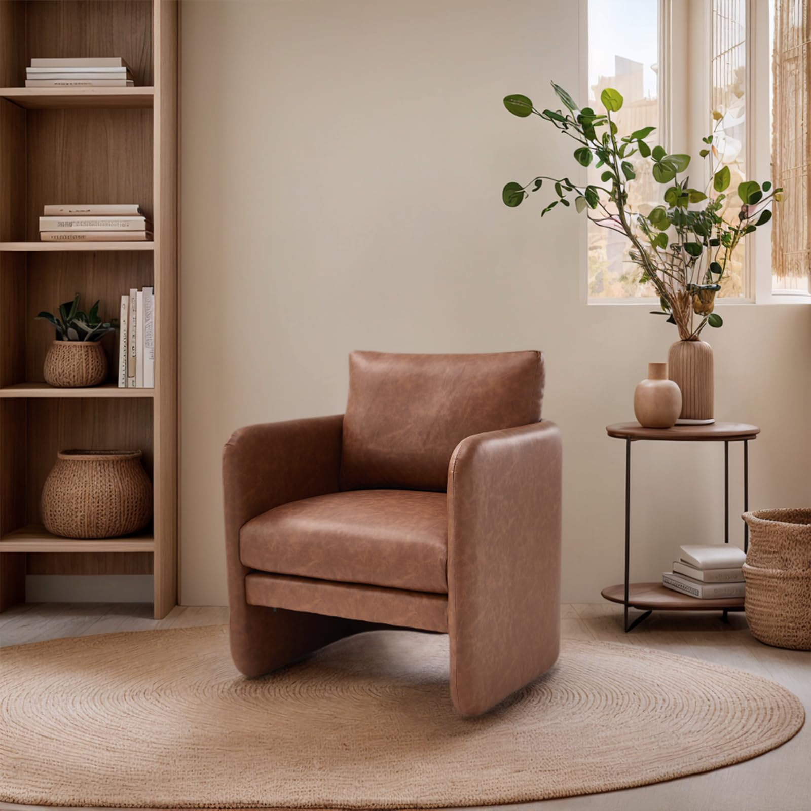 Modern Accent Barrel Chair, Single Sofa Chair with Removable Back Pillow, Comfy Pu Leather Upholstered Reading Accent Chair Lounge Armchair for Bedroom Living Room, Brown