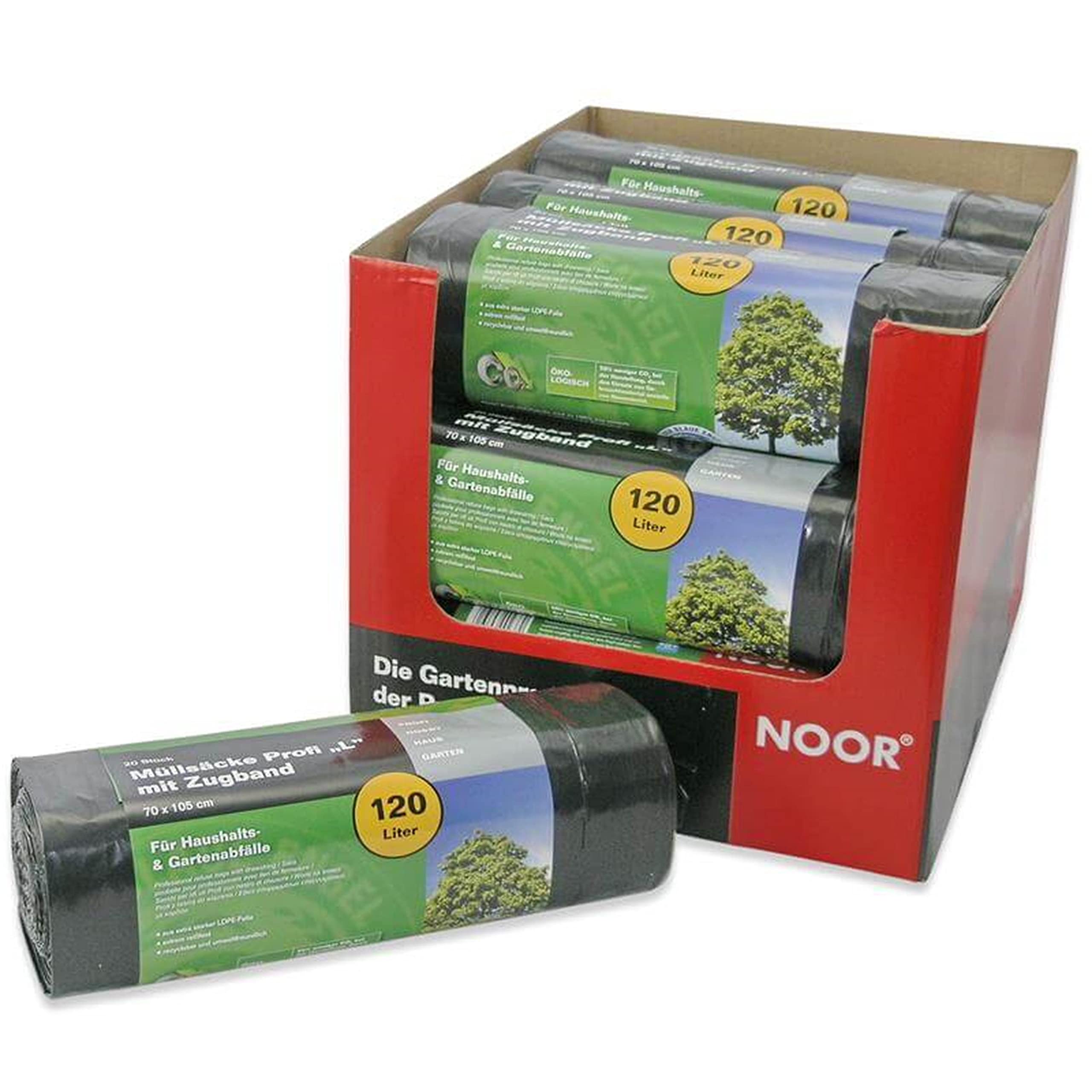 NOOR Bolsas de basura profesionales de 120 L, bolsas de basura reciclables con cordón para un uso fácil, bolsas de basura extrafuertes para el hogar y el jardín, rollo de 20 unidades