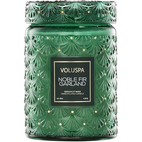 Voluspa Noble Fir Garland, Large Candle Jar, 18oz, Coconut Wax Blend, Christmas Scented Candles for Home, 100 Hour Burn Time, Poured in the USA