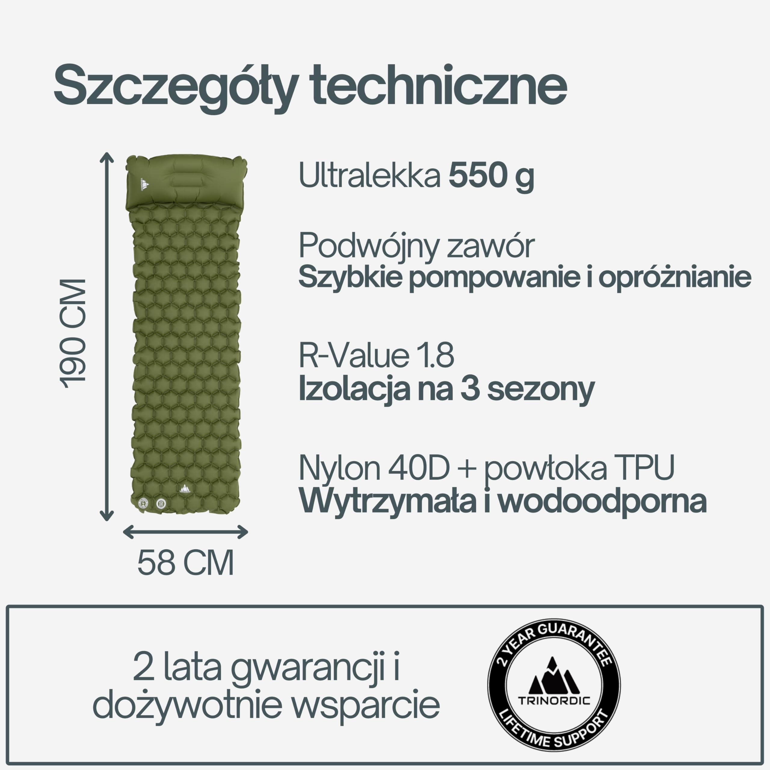 TRINORDIC Ultralekki Materac Kempingowy z Poduszką - Pojedynczy Materac Powietrzny, Wytrzymały Sprzęt Kempingowy - Zielony Lasowy