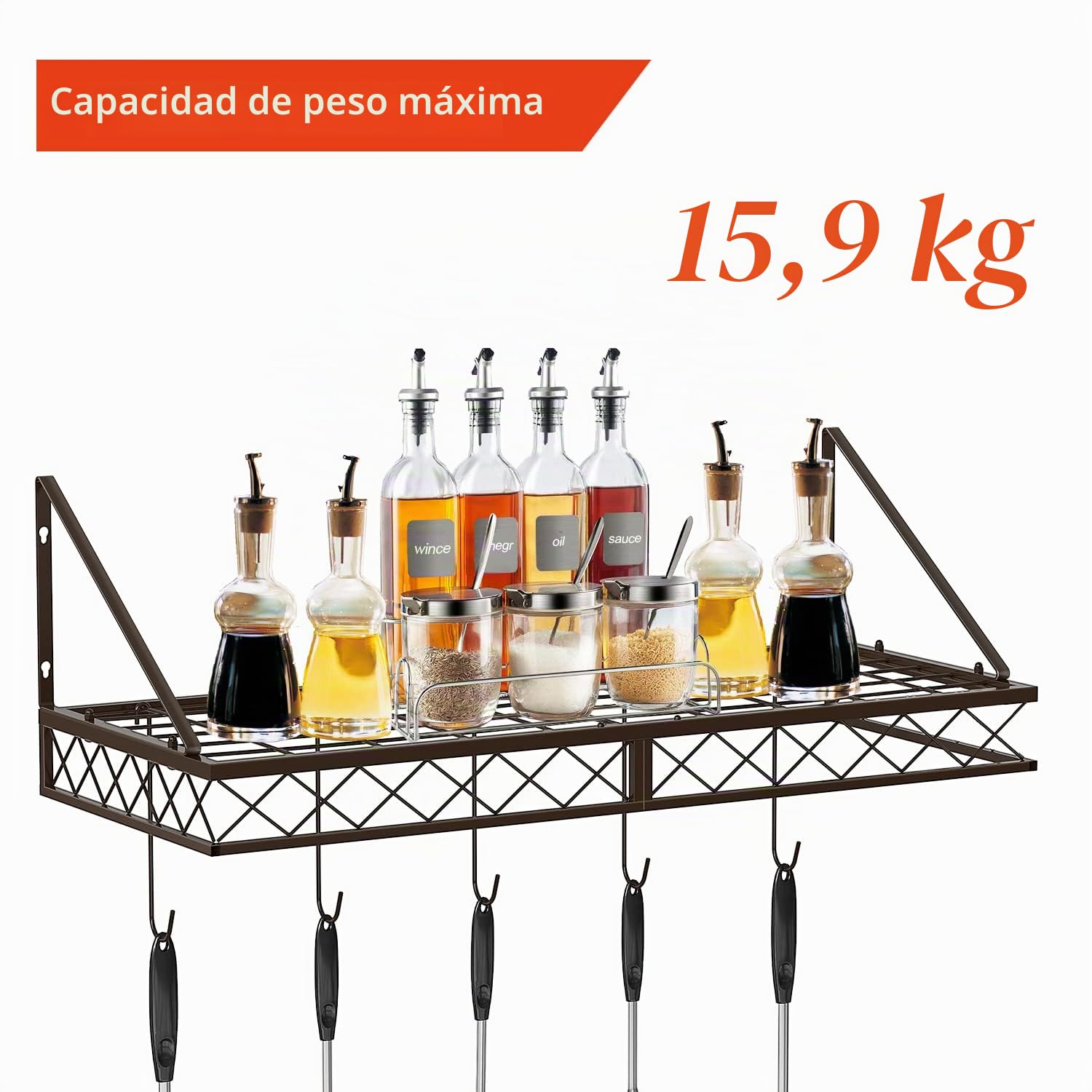 Mutool Estante para ollas montado en pared, estantes para colgar cacerolas de 70 cm, estante para utensilios, estantes para sartenes para la cocina, organizador de menaje de cocina de metal con 10