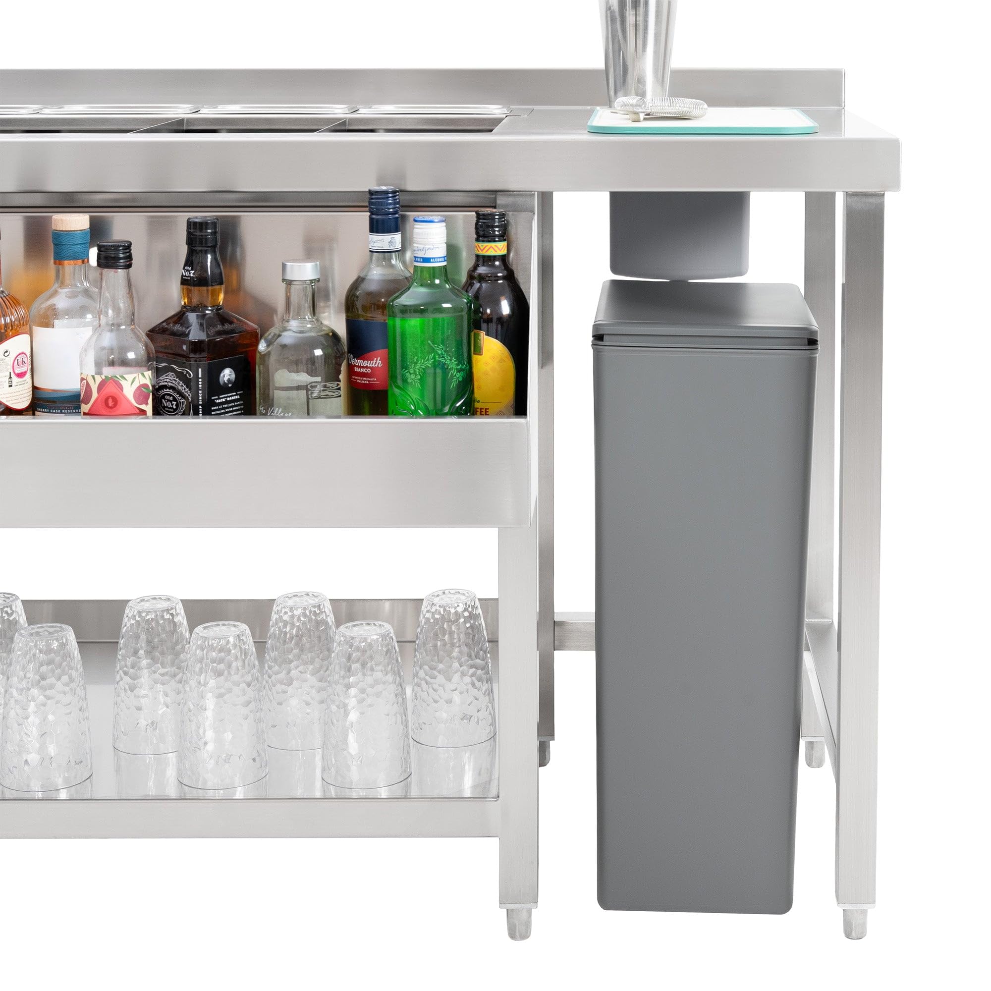 Estación de Coctelería Premium de Acero Inoxidable, Fregadero, Grifo 360°, Compartimentos para Hielo, Riel Portabotellas y Accesorios Incluidos, Para Bares y Restaurantes