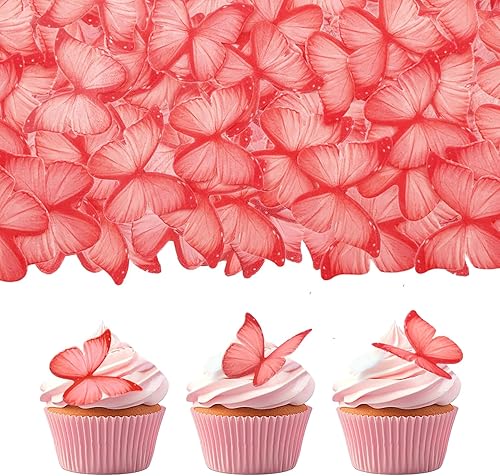 Un juego de 60 piezas de papel de oblea, cupcakes de mariposa, decoración para hornear, festival de boda, postre, decoración de alimentos (rojo)