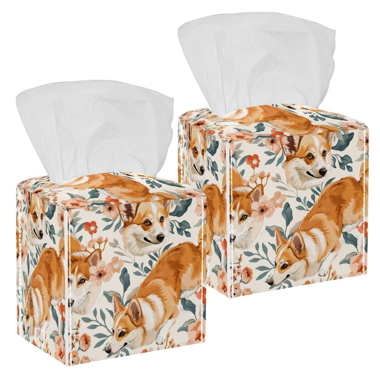 Corgi Dogs Florals Tissue Box Cover, 2 Pack PU Leather Square Facial Tissue Dispenser Box holder for Home Office Car