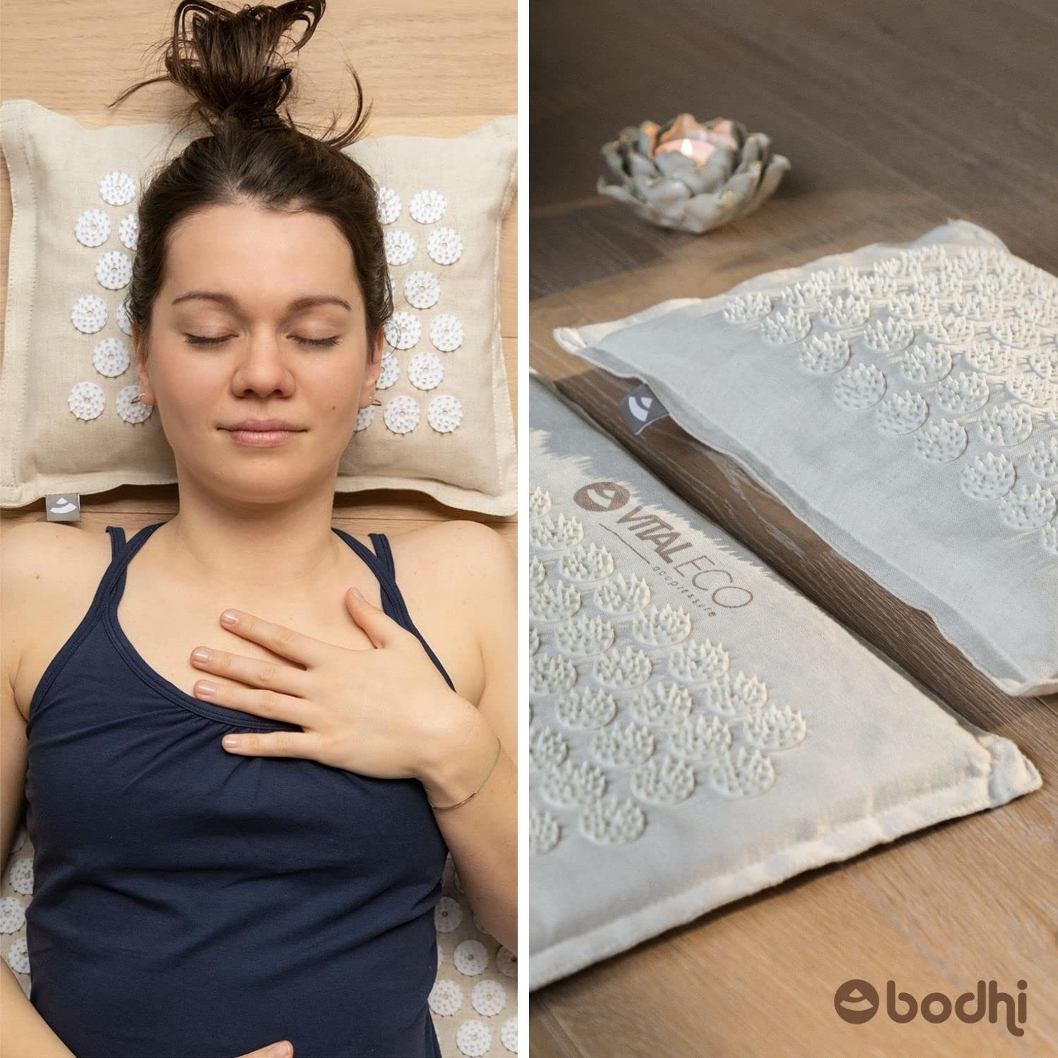 Bodhi VITAL ECO Akupressurmatte & Kissen Set | Fakirmatte & Akupressurkissen aus Naturmaterial & Bio-Halbleinen | Relaxmatte inkl. Tasche | Massagematte gegen Rücken- und Nackenschmerzen