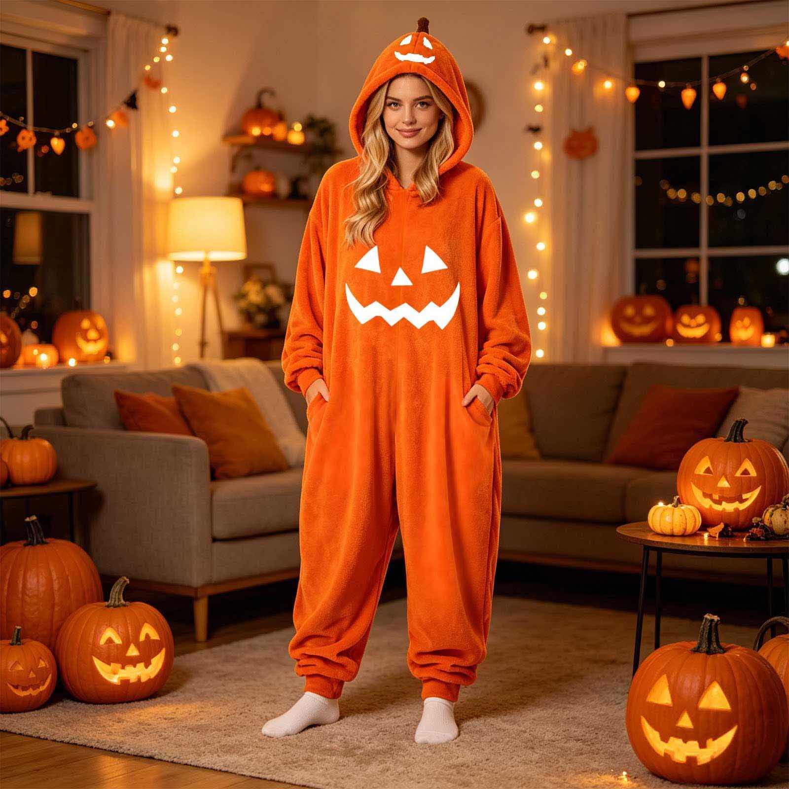 Pigiama Halloween Adulto Tuta Zucca con Cappuccio Unisex Modello Confortevole Unisex, Pigiama Halloween Adulto, Tuta Zucca Intera per Casa e Tempo Libero