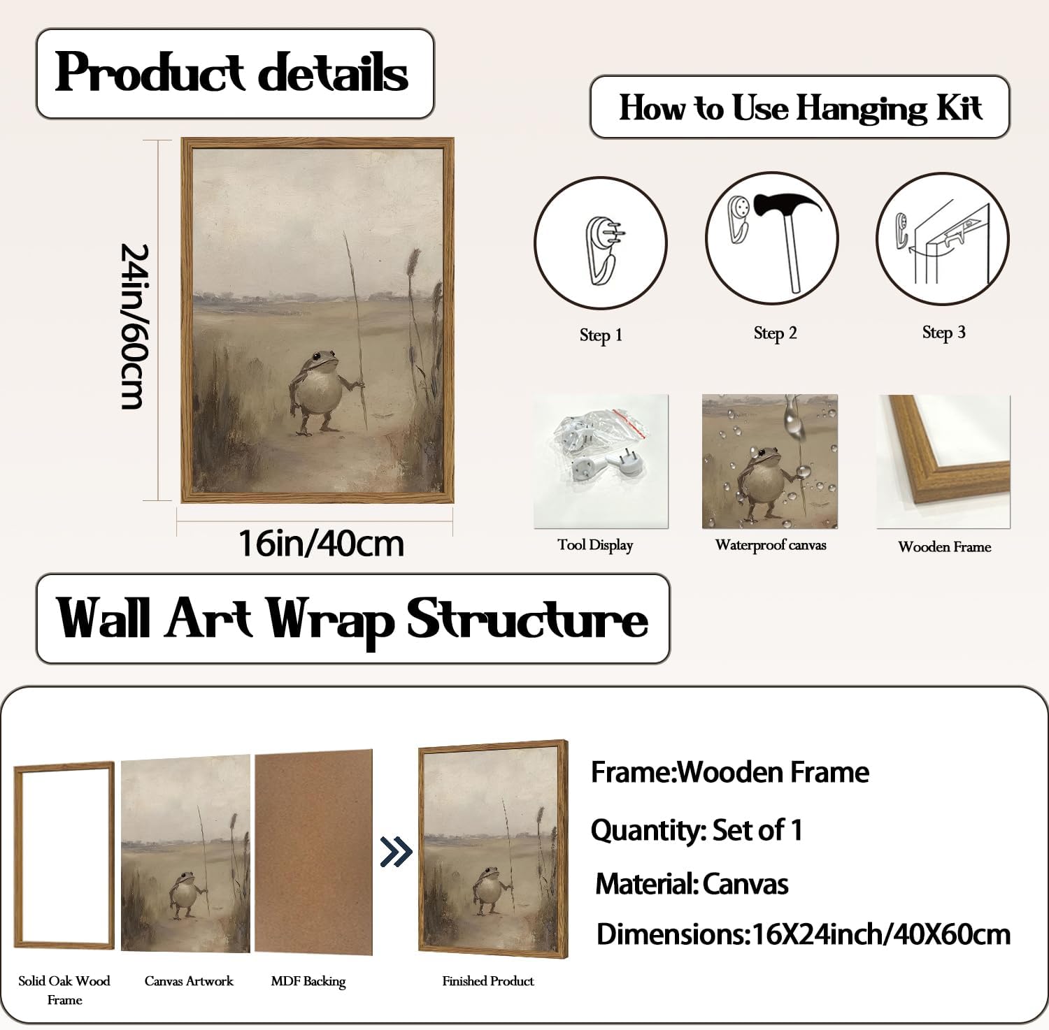 Whimsical Frog Wall Art Funny Frog Wall Decor Painting Vintage Cottagecore Animal Poster Canvas Prints Cute Safari Wildlife Artwork for Bedroom Living Room 16x24 inch Wood Framed