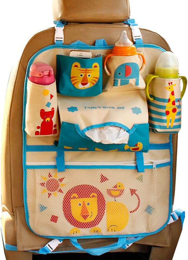 Car Backseat Organizer Kick Mats - Auto Seat Back Protector Kids Toy Storage Lion