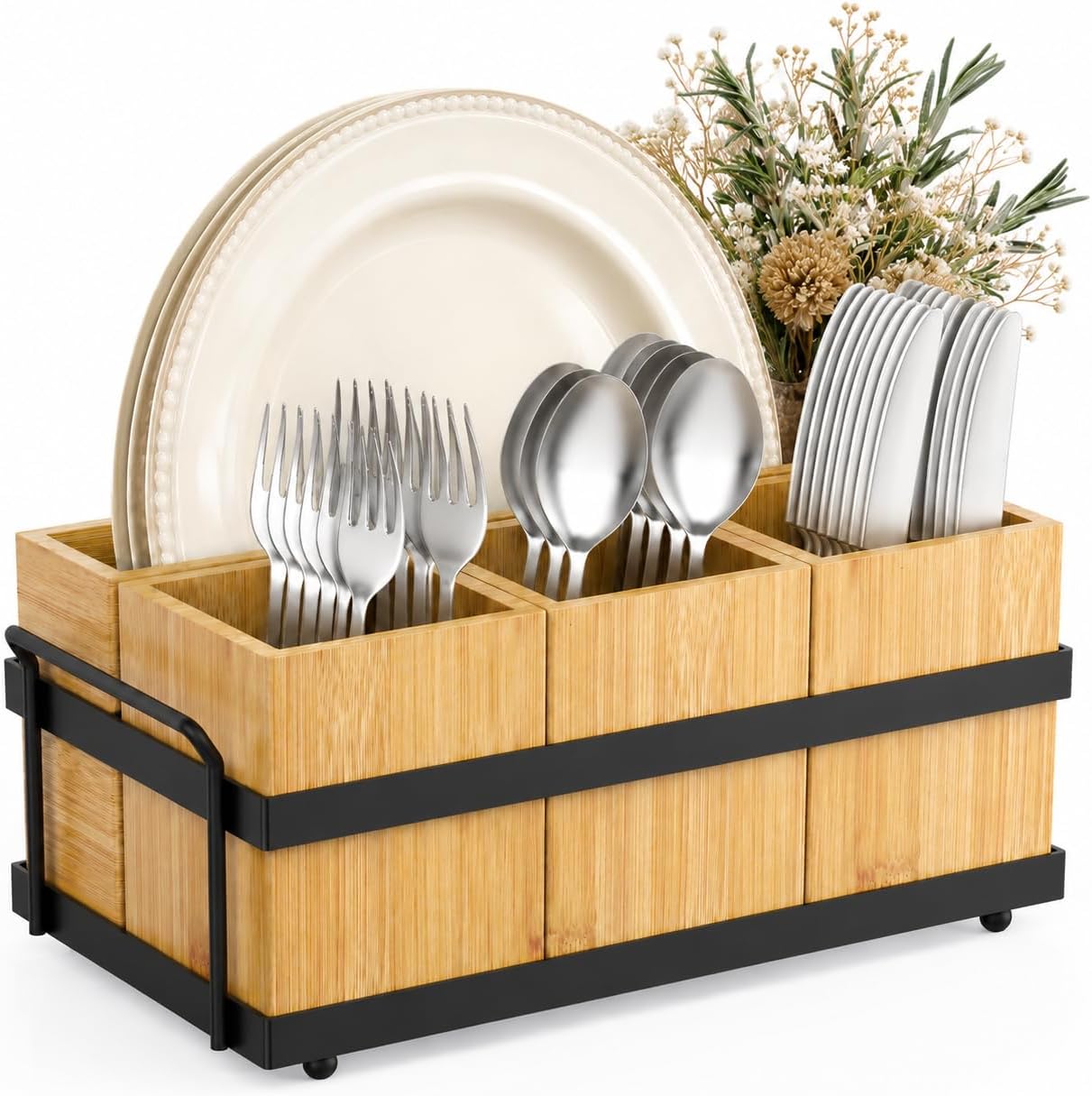 Silverware Caddy for Party, Bamboo Utensil Caddy with 4 Removable Compartments.