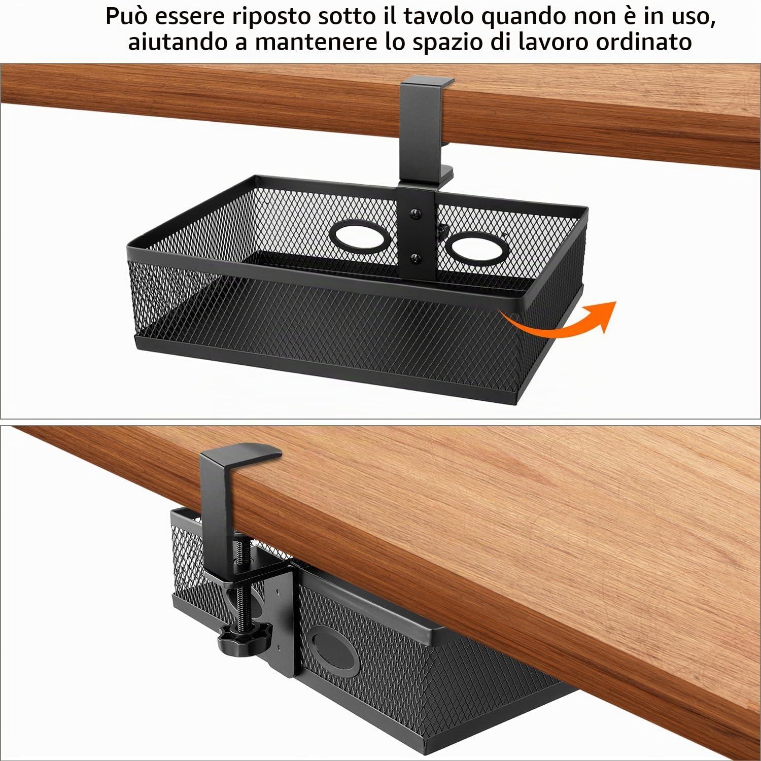 QWORK® Portaoggetti sotto la scrivania, Organizer da scrivania, Rotazione a 360°, Portaoggetti da ufficio a morsetto, Design in rete metallica