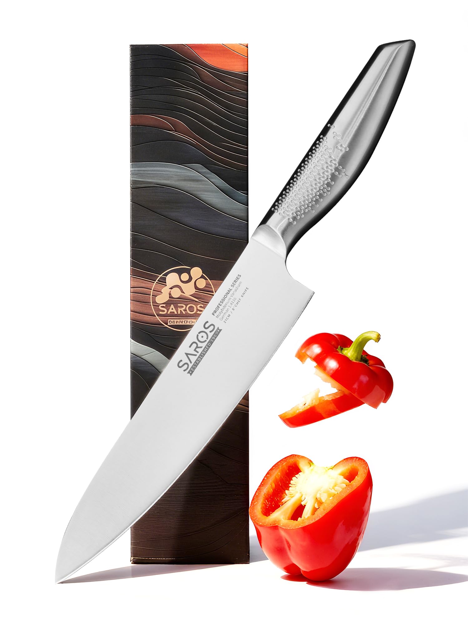 8 Inch Japanese Kitchen Knife – Professional Gyuto Chef Knife Made of 1.4116 German Steel, All-Steel Anti-Slip Handle, Razor Sharp Blade in Gift Box for Home & Restaurant