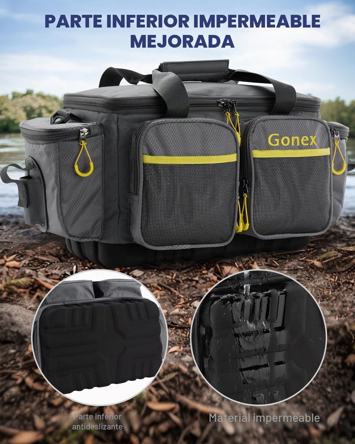 Gonex Bolsa de Pesca Impermeable de poliéster con Correa de Hombro Acolchada y Base Antideslizante, Adecuada para 3600 3700 Tackle Box (Gris)
