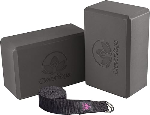 Clever Yoga Blocks & Strap - Lighweight Foam Yoga Blocks 2 Pack with 8ft Cotton Yoga Strap Set Kit for Beginners & Pros, Accessories & Equipment for