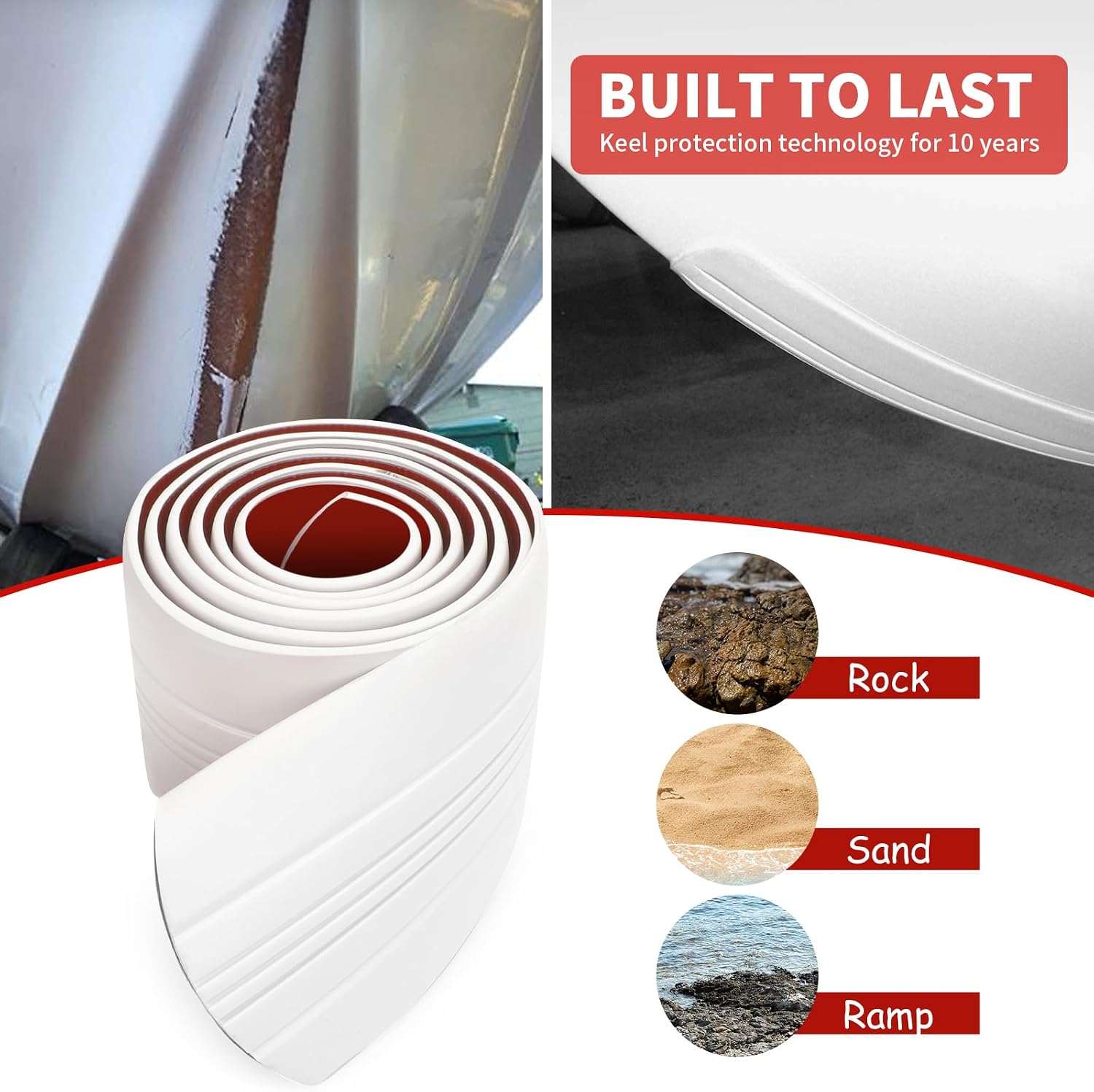 Keel Guard for Fiberglass Boat Bass Aluminum Boats, Boat Keel Protector Guard Hull Protector Shield Protects from Rocks Ramps Scratches Damage, Self-Adhesive DIY 6.5 feet, White
