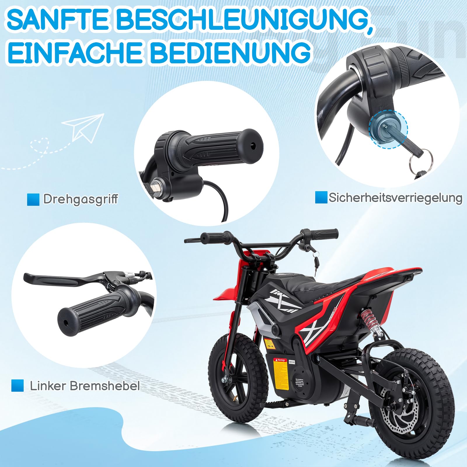 LALAHO 24V 7Ah Elektro Motorrad Kinder,Elektromotorrad Rot | Max 22,5 km/h,250W Kinderfahrzeug,Reichweite 19KM,12 Zoll Luftreifen,Moto Crossbike für Kinder