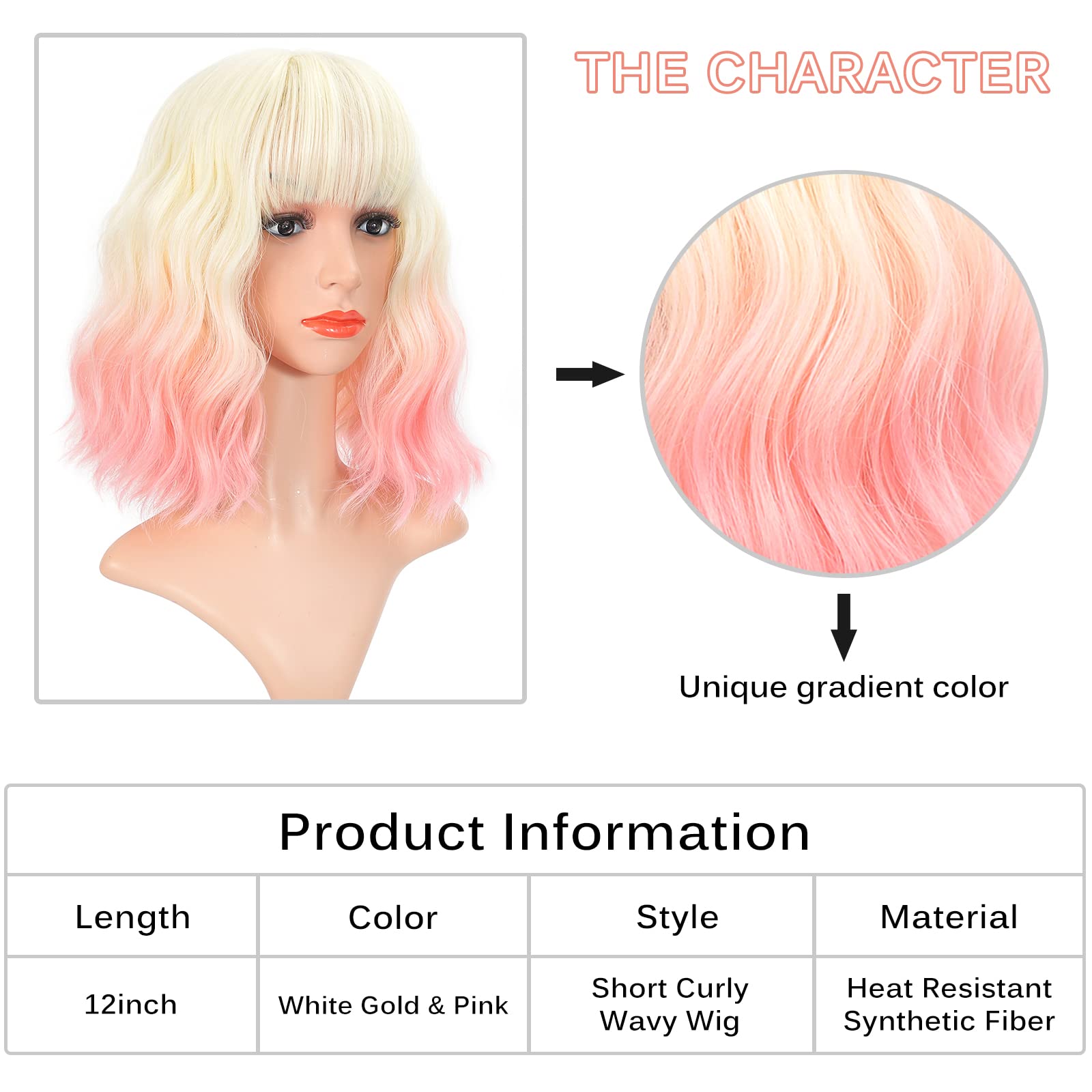 VCKOVCKO Ombré-Bob-Perücke mit Luft-Pony, zweifarbig, natürlich, lockig, gewellt, kurz, kurz, schulterlang, synthetische Cosplay-Perücke für Mädchen, bunte Perücken (30,5 cm, 613-Hellrosa)