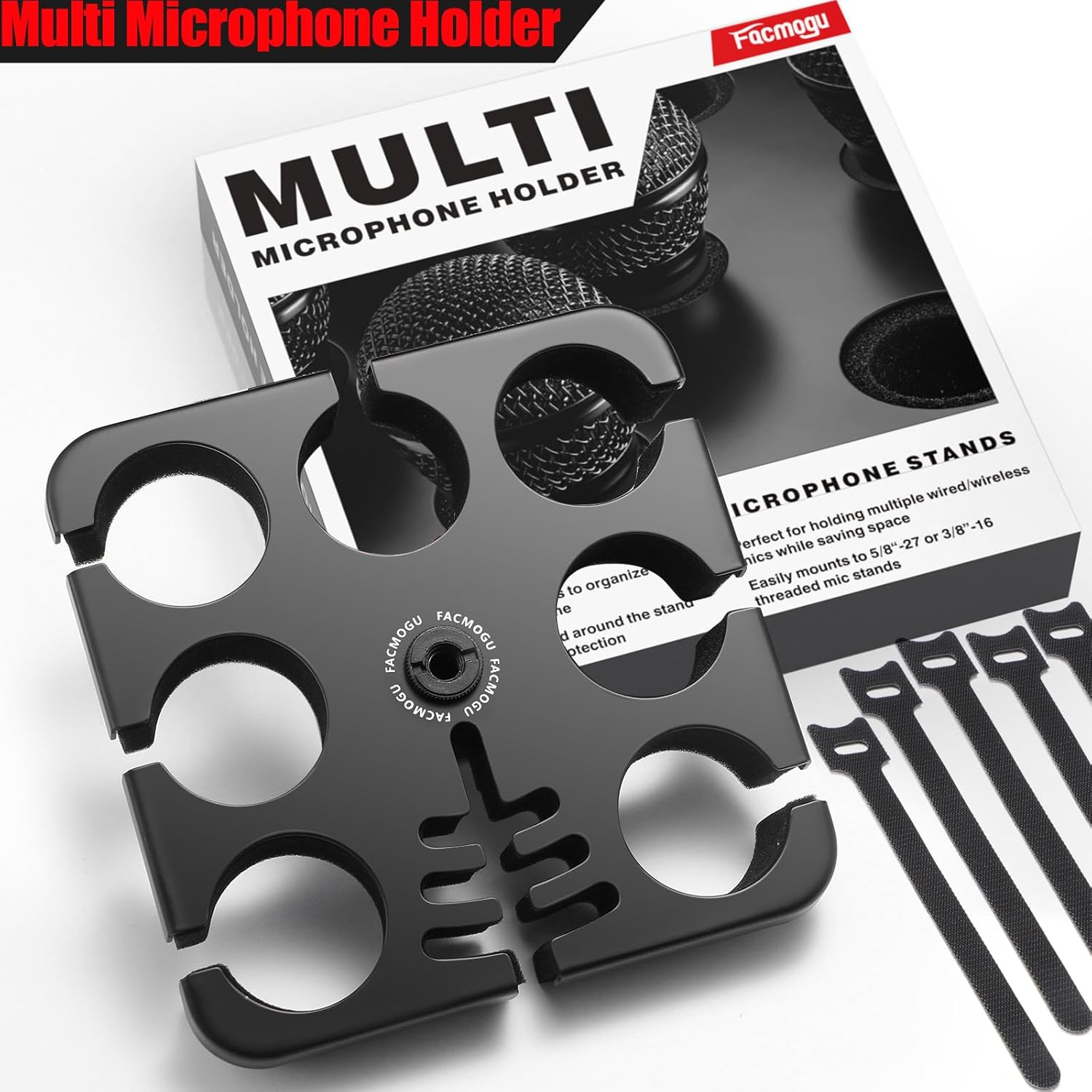 Facmogu Multi Microphone Holder, Square Tray Mics Holder with Cable Slots Holds Up to 7 Mics, Aluminum Multi Mic Holder for Organize and Display, Wired and Wireless Mic Holder (Color Ring Not Include)