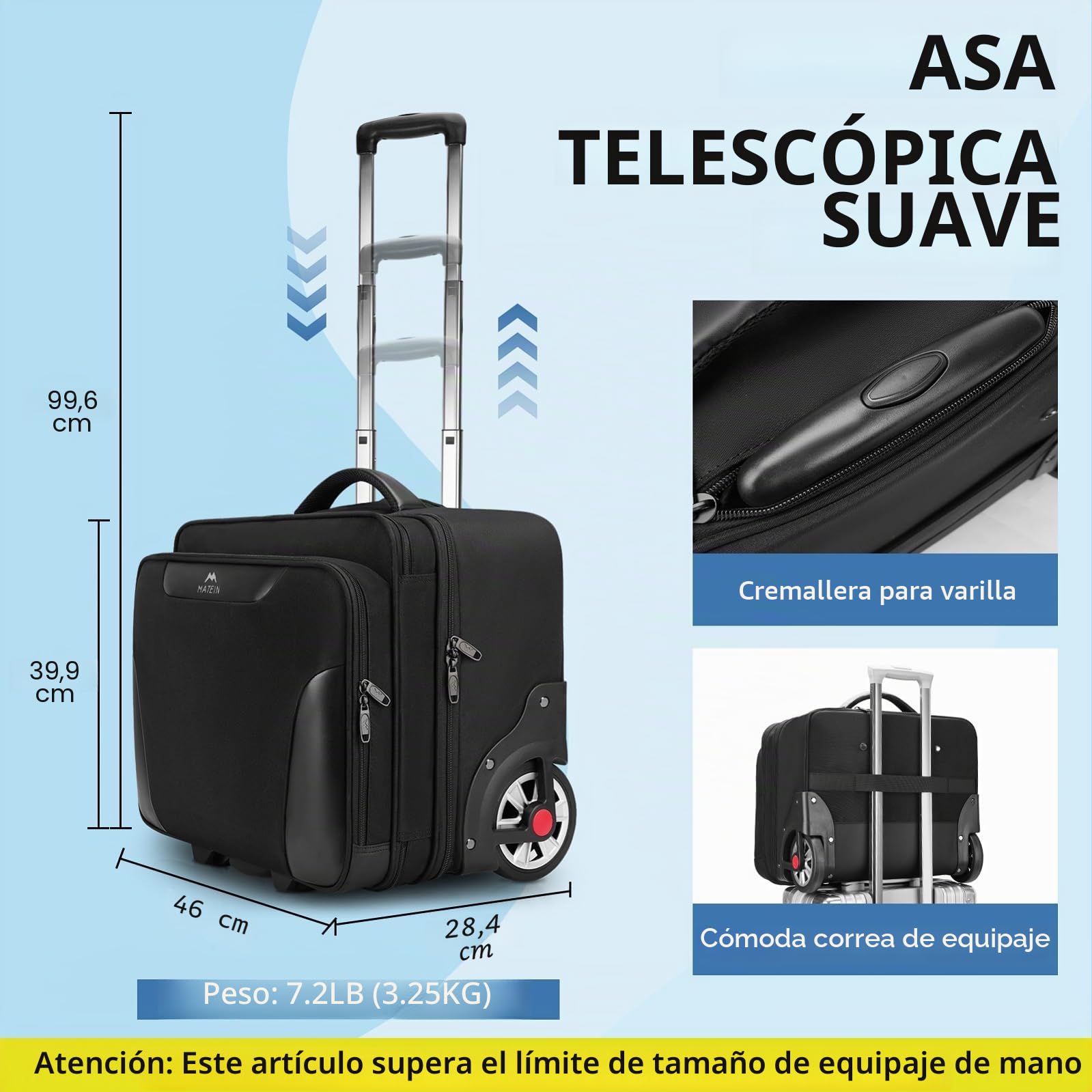 MATEIN Maletin con Ruedas Portatil 17 Pulgadas, Trolley con Ruedas Viaje Grande Silenciosas Resistentes al Desgaste Almacenamiento con Múltiples Compartimentos para Viajes de Negocios, Trabajo, Negro