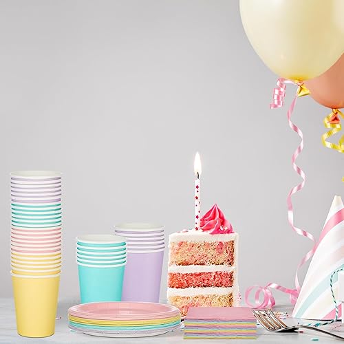 Miniatura 5 de meekoo 72 piezas de suministros de fiesta pastel desechables de 7 pulgadas, platos de papel pastel, servilletas, vasos de papel para 24 invitados,