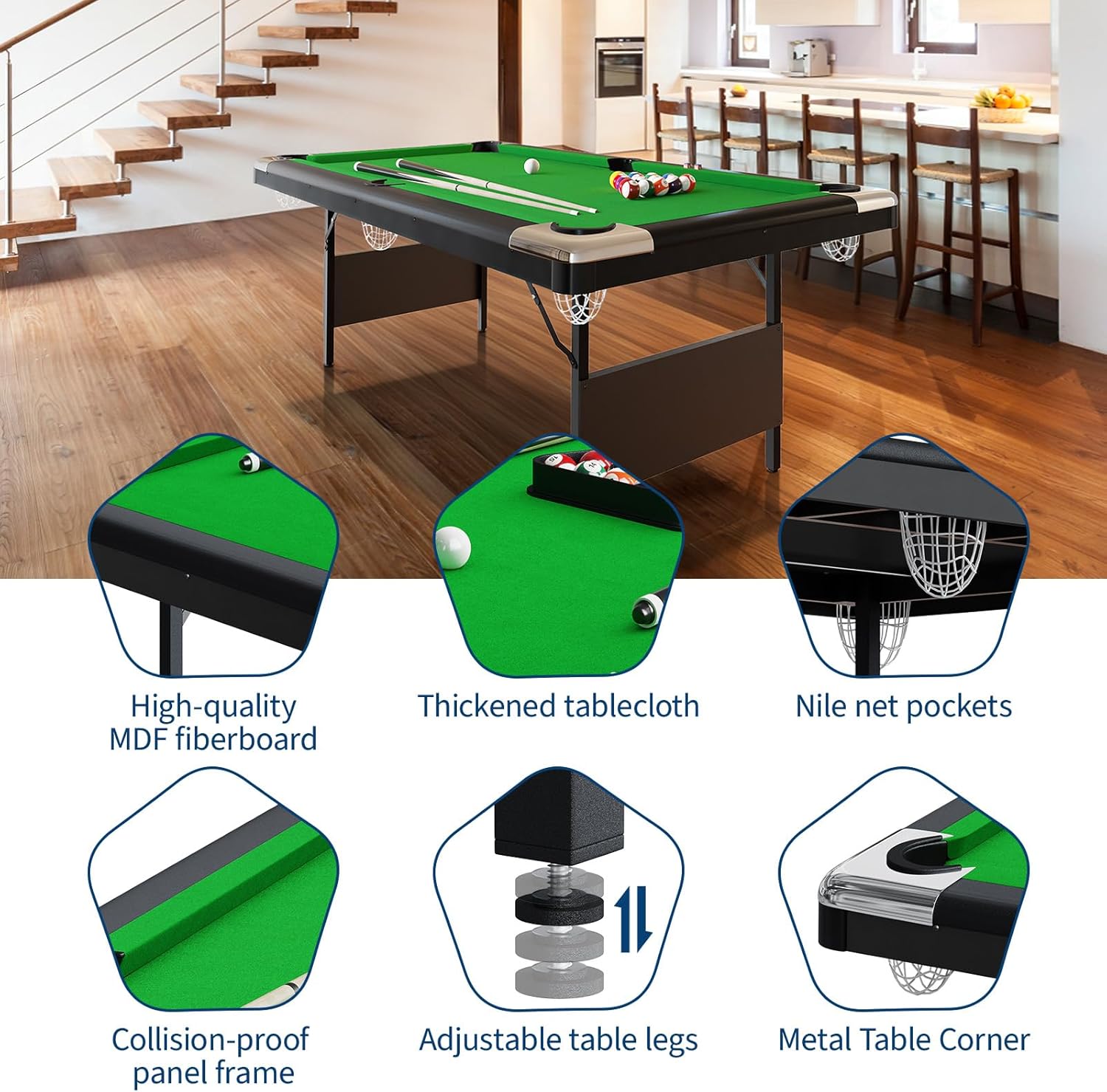 7FT Space-Saving Folding Pool Table for Adults & Kids Green Felt, Complete Accessory Set, Easy to Store – Portable Billiards Table for Game Rooms and Arcades