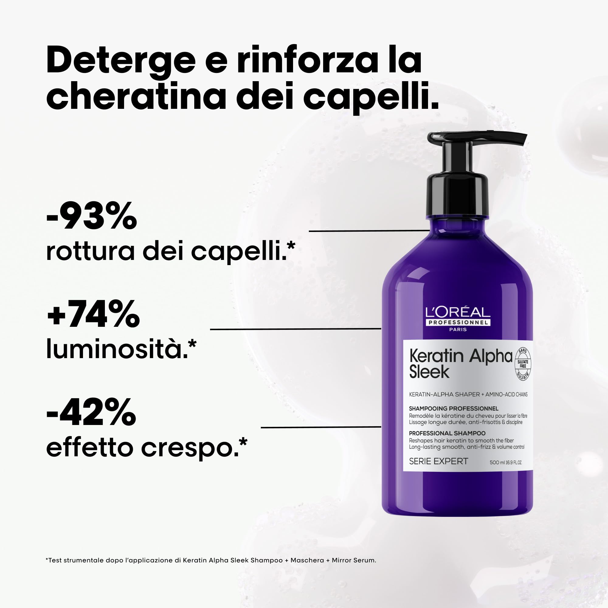 L'Oréal Professionnel, Shampoo Professionale Anticrespo e Disciplinante, Per Tutti i Tipi di Capelli, Capelli Più Morbidi e Luminosi, Con Keratin-Alpha shaper e Aminoacidi, Keratin Alpha Sleek, 500 ml